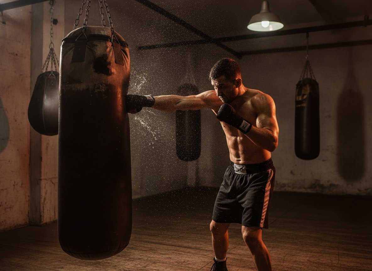 Boxer in hand wraps striking a heavy bag with sweat flying on impact