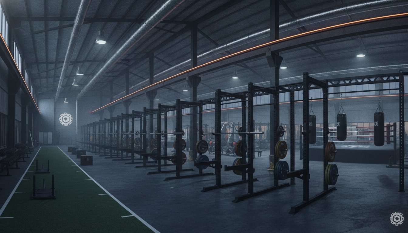 Wide view of Forge Fitness Club's industrial training floor with rigs, turf and orange accent lighting