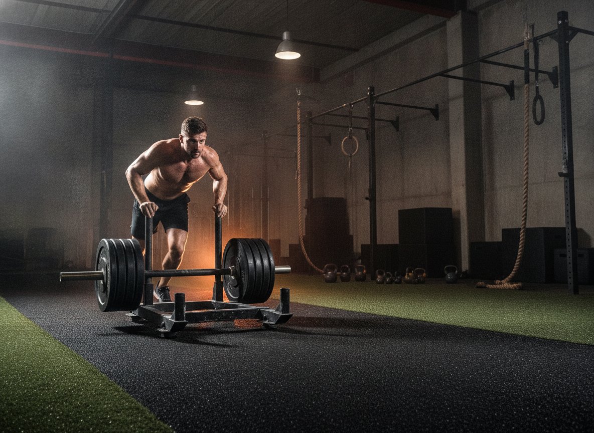 Athlete driving a weighted sled across black turf in the functional training zone