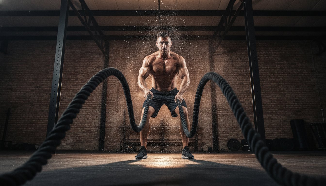 Athlete slamming battle ropes in a dark industrial gym lit by blazing orange light