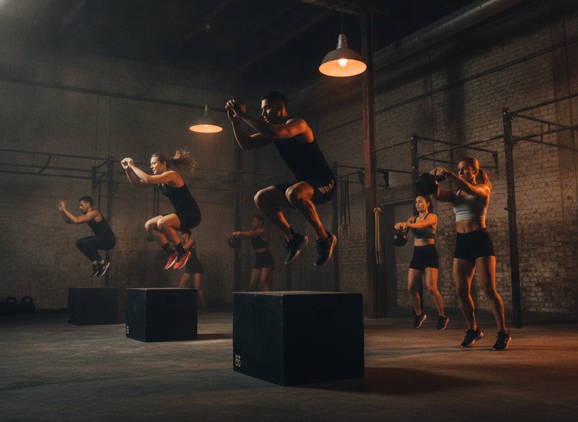 Group HIIT class mid box jump and kettlebell swing with motion blur
