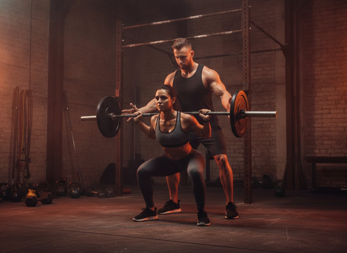 Personal trainer spotting a client through a heavy barbell squat