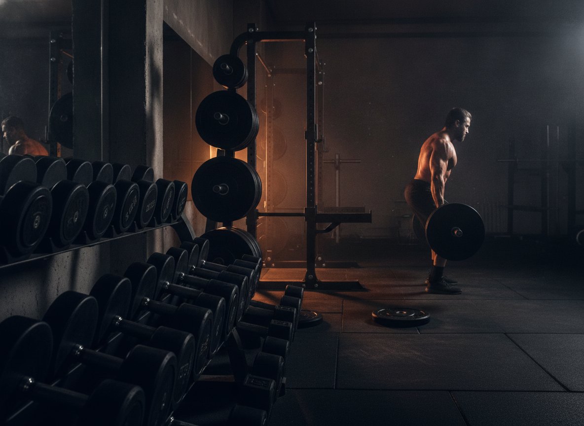 Athlete performing a heavy deadlift beside racks of dumbbells in the free weights area