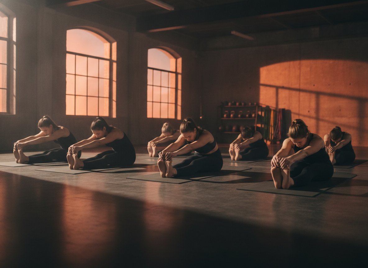 Small yoga class holding a deep stretch on dark mats under warm accent light